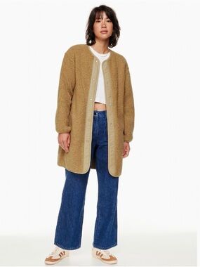 Aritzia Longline Teddy Jacket in Camel with Contrast Trim